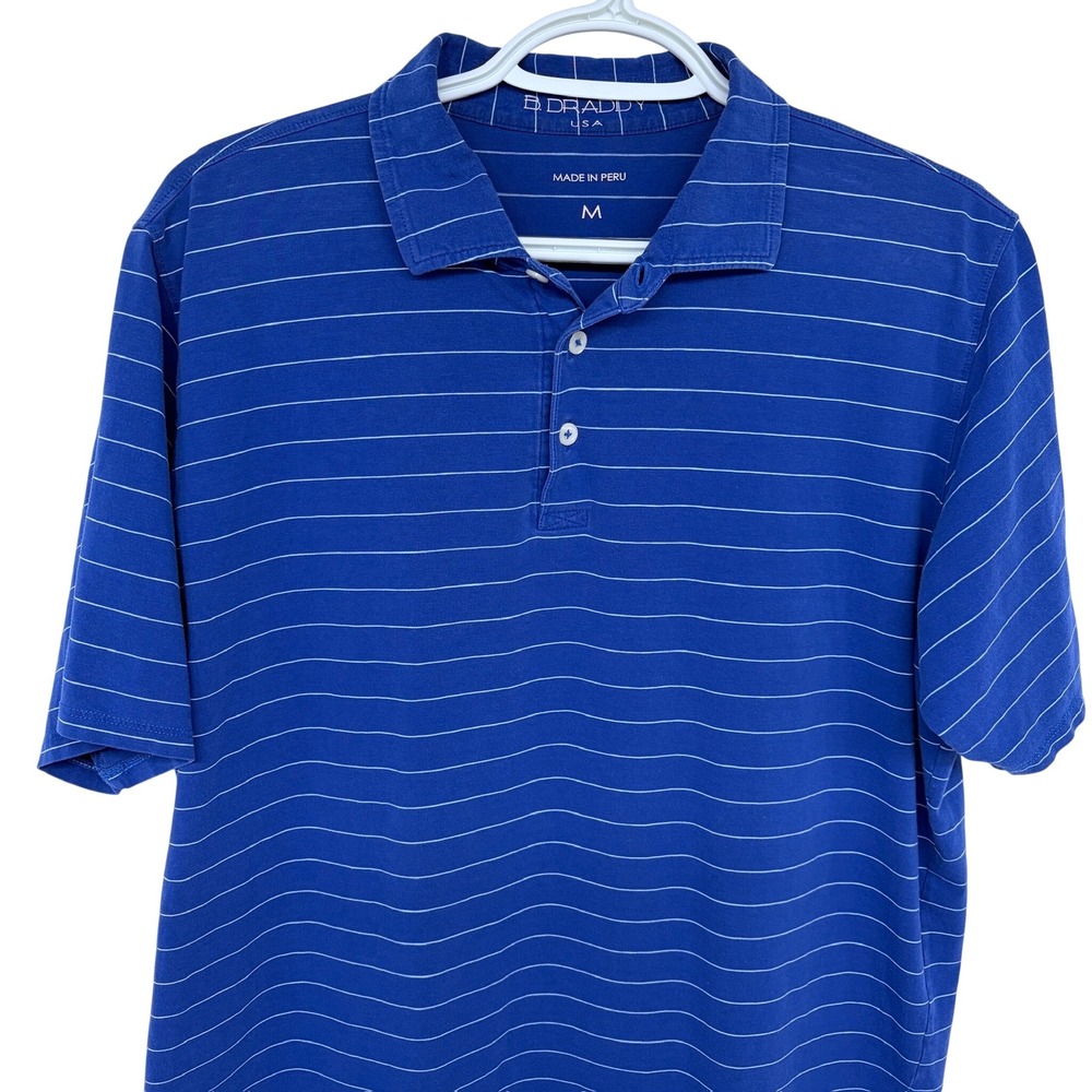 B Draddy Striped Golf Polo Shirt Mens Medium Blue White Performance Golfing Pima